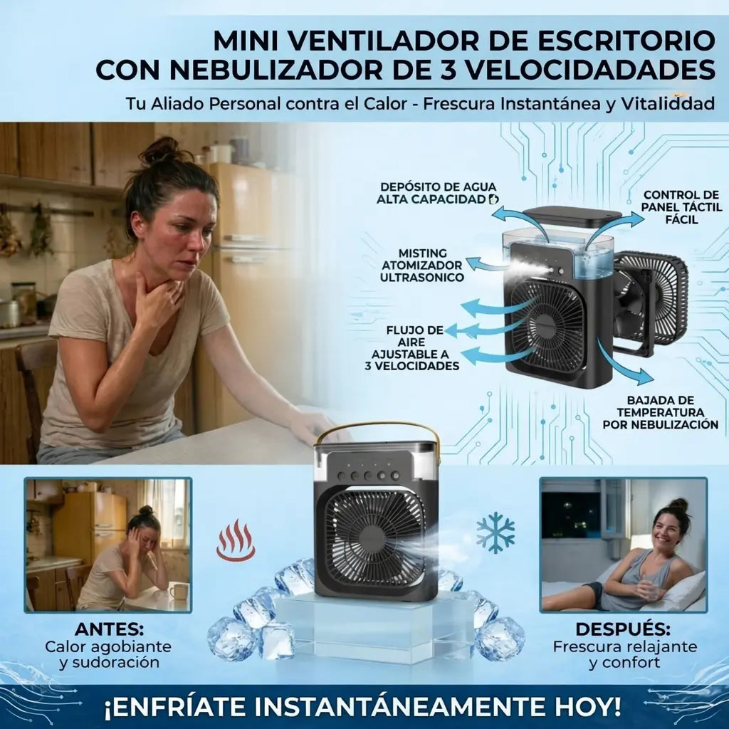 Mini Aire Acondicionado Portátil 3 en 1 con Luz LED